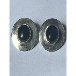 Vintage Silver Tone Black Cabochon Oval Stud Earrings Minimalist Modernist
